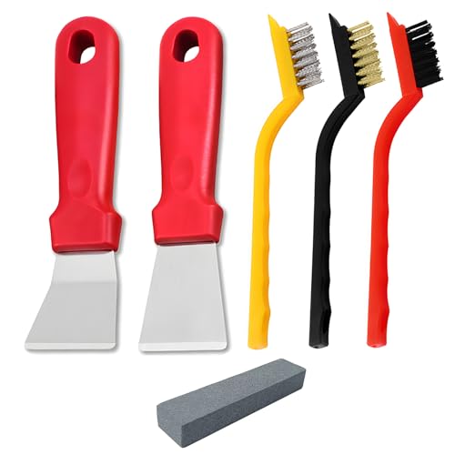 JXPXJMY 2 Stück Mehrzweck Küchenschaber und 3 Stück Edelstahl Messing Nylon Bürste, Kunststoffgriff Küchenschaber für Backofen Kochfeld Induktionsherd (Rot) von JXPXJMY