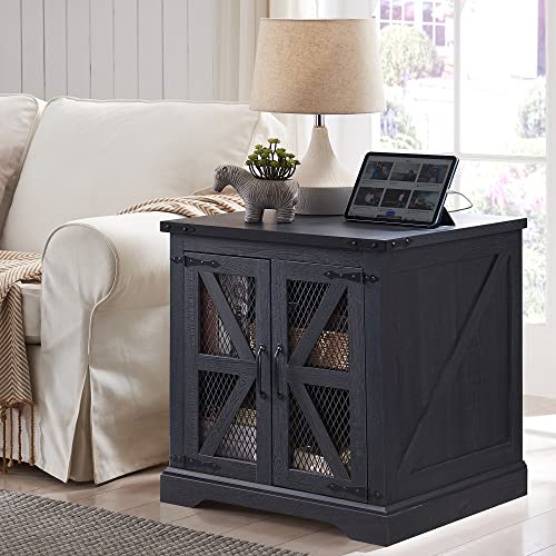 JXQTLINGMU Farmhouse End Table, 24" Large Sofa Side Table with Charging Station, Mesh Barn Door, and Adjustable Storage Shelf, Rustic Wood Square Nightstand for Living Room, Bedroom, Office, Black von JXQTLINGMU