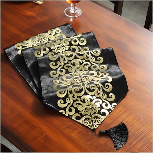 Tischläufer Home Tischwäsche NEU Europäischer Luxus-Samt Vergoldeter Tischläufer Tischdecke Bestickte Gloden Tischläufer Home Textile Für Partys, Hochzeiten, Esstische,Black-33x180cm von JXUANMM