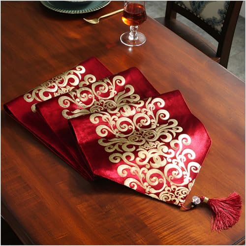 Tischläufer Home Tischwäsche NEU Europäischer Luxus-Samt Vergoldeter Tischläufer Tischdecke Bestickte Gloden Tischläufer Home Textile Für Partys, Hochzeiten, Esstische,Red-33x210cm von JXUANMM