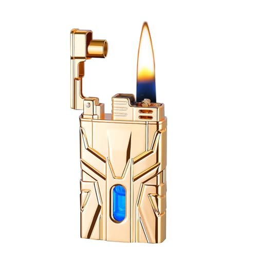 Mecha Metal Smart Kerosinfeuerzeug, Mehrere Zündmethoden, Mit LED Transparentem Tank, Winddicht, Wiederverwendbar, Geeignet for Kerzen, Outdoor, Geschenk for Männer(Gold) von JXUFGYES