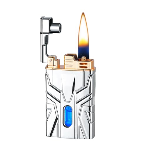 Mecha Metal Smart Kerosinfeuerzeug, Mehrere Zündmethoden, Mit LED Transparentem Tank, Winddicht, Wiederverwendbar, Geeignet for Kerzen, Outdoor, Geschenk for Männer(Silver) von JXUFGYES