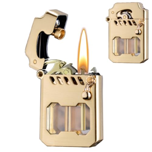 Retro-Feuerzeug, Cooles Trench-Feuerzeug, Mechanisches Metall-Wippenfeuerzeug, Transparenter Kraftstofftank, Winddichtes Kerosinfeuerzeug, Geeignet for Camping, Sammlung, Männergeschenk(Gold) von JXUFGYES