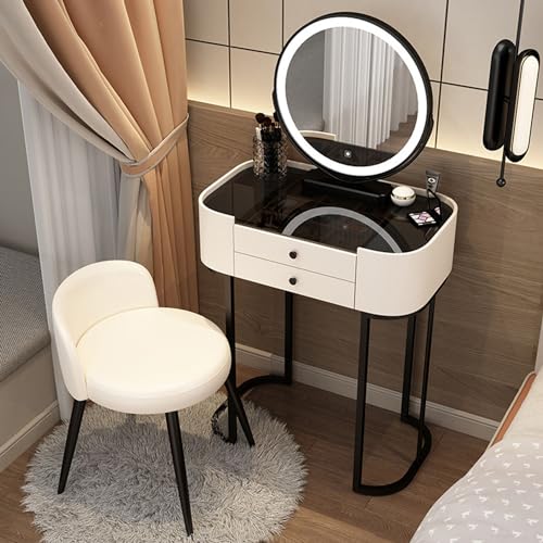 JXYQ Frisiertisch mit 3-farbigem LED-beleuchtetem Spiegel und Stuhl, Schminktisch mit Glasplatte und Schubladen, Schminktisch für Schlafzimmer, Ankleidezimmer, Weiß, 50 cm von JXYQ