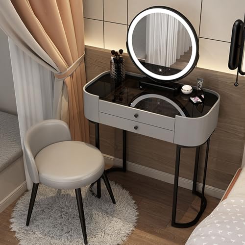 JXYQ Frisiertisch mit 3-farbigem LED-beleuchtetem Spiegel und Stuhl, Schminktisch mit Glasplatte und Schubladen, Schminktisch für Schlafzimmer-Ankleidezimmer, Grau, 70 cm von JXYQ