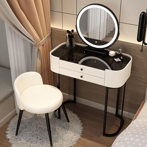 JXYQ Frisiertisch mit 3-farbigem LED-beleuchtetem Spiegel und Stuhl, Schminktisch mit Glasplatte und Schubladen, Schminktisch für Schlafzimmer-Ankleidezimmer, Weiß, 60 cm von JXYQ