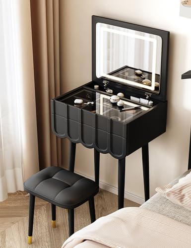 JXYQ Frisiertisch mit Klappdeckel, LED-beleuchtetem Spiegel, Hocker, Schminktisch mit Schubladen, 3-Farben-Touchscreen, moderner Schminktisch, Schwarz, 50 cm JXYQ Frisiertisch mit Klappdeckel, LED-beleuchtetem Spiegel, Hocker, Schminktisch mit Schubladen, 3-Farben-Touchscreen, moderner Schminktisch, Schwarz, 50 cm von JXYQ