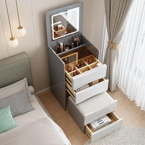 JXYQ Frisiertisch mit gepolstertem Hocker und 3 Schubladenschrank, Schminktisch mit LED-beleuchtetem Spiegel, moderner Schminktisch für Schlafzimmer B,40CM von JXYQ
