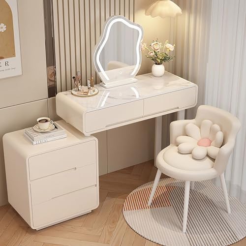 JXYQ Moderner 3-in-1-Frisiertisch mit LED-Leuchten, Schminktisch mit Spiegel und Stuhl, platzsparender Frisiertisch, weiß glänzende Einheit fürs Schlafzimmer mit Schubladen, ideal für Frauen von JXYQ