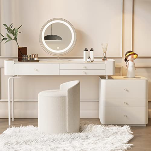 JXYQ Moderner weißer Schminktisch mit rundem Spiegel, Verstellbarer Schminktisch mit Schubladen, Kosmetiktisch und Stuhl aus Massivholz, 80 cm mit Beleuchtung – 3 Farboptionen von JXYQ