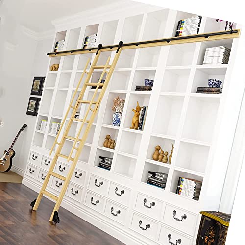 JXYQ Rolling Library Schiebeleiter-Hardware-Kit – Zubehör für Schiebetürschienen, rustikale Schwarze Rollleiterschiene aus rundem Rohr (mit Bodenrollen), Material Kohlenstoffstahl von JXYQ
