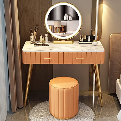 JXYQ Schminktisch-Set mit 3-farbigem LED-beleuchtetem Spiegel und gepolstertem Hocker, stilvoller Frisiertisch fürs Schlafzimmer, Stauraum aus Massivholz, für Damen (Orange Chair A, 100 cm) von JXYQ