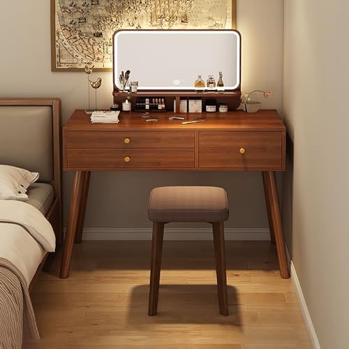 JXYQ Schminktisch mit beleuchtetem Spiegel, Frisiertisch aus Holz für das Schlafzimmer von Frauen und Mädchen, moderner Schminktisch mit gepolstertem Hocker für das Schlafzimmer-Badezimmer von JXYQ