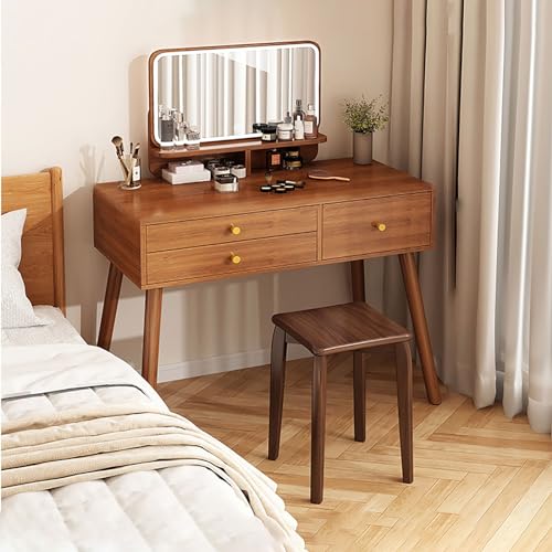 JXYQ Schminktisch mit beleuchtetem Spiegel, Frisiertisch aus Holz für das Schlafzimmer von Frauen und Mädchen, moderner Schminktisch mit gepolstertem Hocker für das Schlafzimmer-Badezimmer von JXYQ