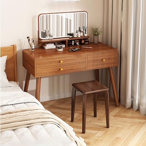 JXYQ Schminktisch mit beleuchtetem Spiegel, Frisiertisch aus Holz für das Schlafzimmer von Frauen und Mädchen, moderner Schminktisch mit gepolstertem Hocker für das Schlafzimmer-Badezimmer von JXYQ