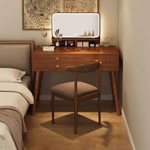 JXYQ Schminktisch mit beleuchtetem Spiegel, Frisiertisch aus Holz für das Schlafzimmer von Frauen und Mädchen, moderner Schminktisch mit gepolstertem Hocker für das Schlafzimmer-Badezimmer von JXYQ