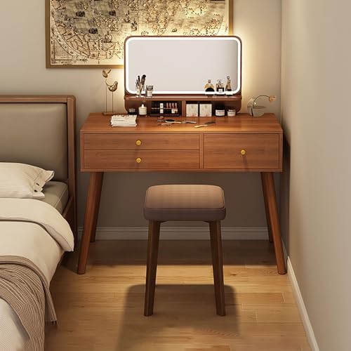 JXYQ Schminktisch mit beleuchtetem Spiegel, Frisiertisch aus Holz für das Schlafzimmer von Frauen und Mädchen, moderner Schminktisch mit gepolstertem Hocker für das Schlafzimmer-Badezimmer von JXYQ