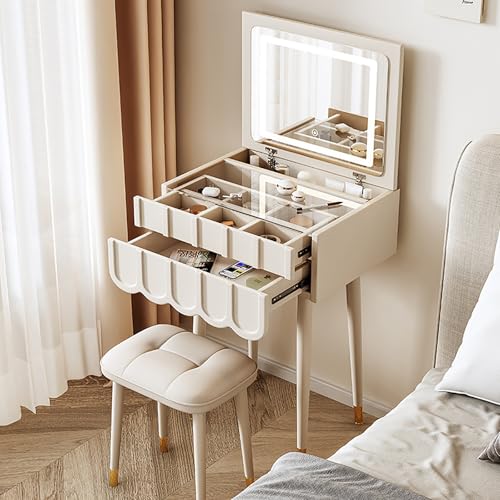 Schminktisch mit Spiegel und Beleuchtung, Schminktisch-Set aus schwarzem französischem Holz für das Schlafzimmer von Frauen und Mädchen, kleiner Schreibtisch mit Schubladen und gepolstertem Hocker von JXYQ