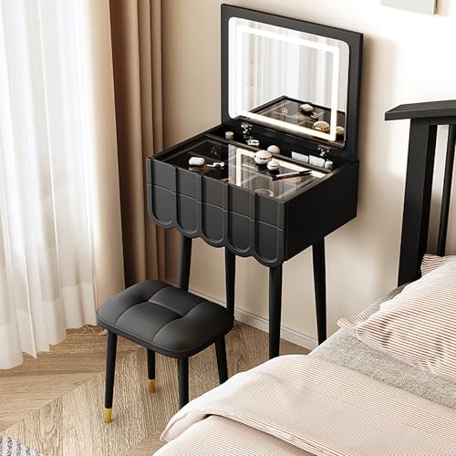 Schminktisch mit Spiegel und Beleuchtung, Schminktisch-Set aus schwarzem französischem Holz für das Schlafzimmer von Frauen und Mädchen, kleiner Schreibtisch mit Schubladen und gepolstertem Hocker von JXYQ