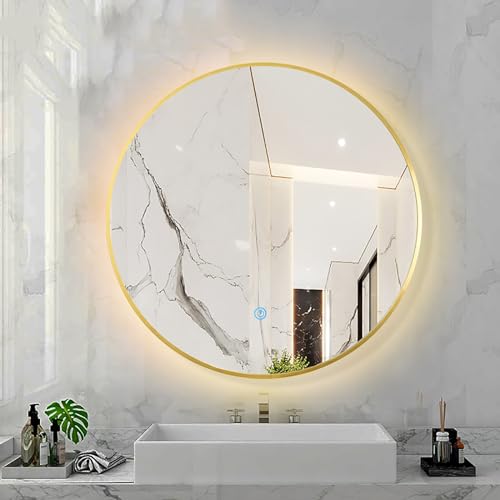 JXYQZD Runder Spiegel mit Metallrahmen, 4 Farben Metallrahmen, Kosmetikspiegel mit Lichtern, LED Intelligenter Badezimmerspiegel, (Color : Gold, Size : 40 * 40cm) von JXYQZD