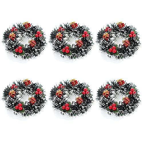 JYCAR 6 Stück Weihnachtskerzen-Ringe, kleine Kerzenkränze künstliche Beeren, schneebedeckte Kiefernadeln, Kerzenkränze für Hochzeit, Weihnachten, Urlaub, Zuhause, Tischdekoration von JYCAR