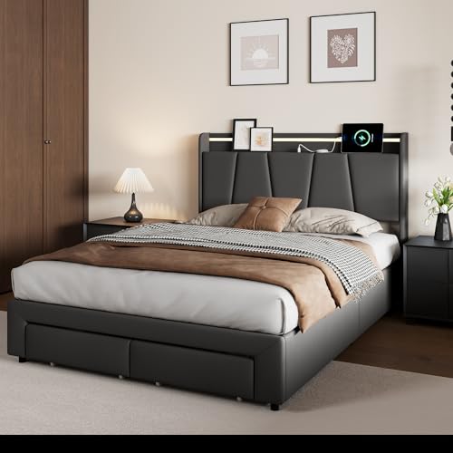 Doppelbett 160 x 200 cm mit LED, Hydraulisches Polsterbett mit Schublade, Doppelbett mit Stauraum unter dem Bett, Lattenrost aus Holz, Lagerung und Kopfteil, Leinen (Grau A, 160x200 cm) von JYCRA