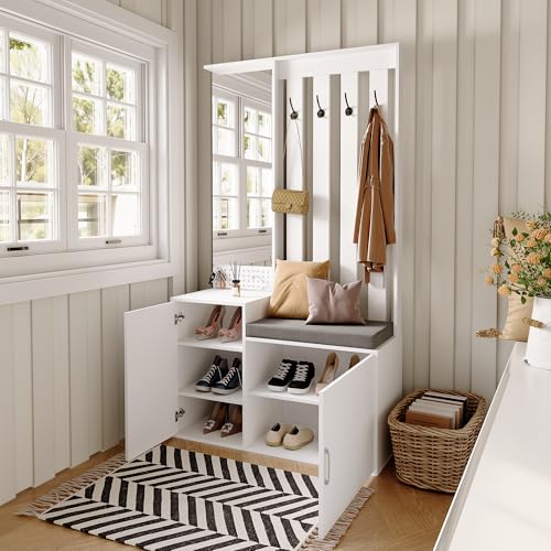 Garderoben-Set mit Bank, Garderobenständer für Eingangsbereich mit Schuhschrank und Schubladen, Garderobenständer mit Spiegel und 4 Haken, Wandgarderobe für Eingangsbereich, 100 x 180 x 40 cm von JYCRA