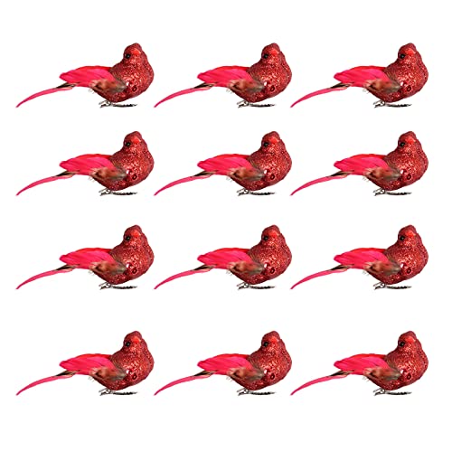 JYCRA 12 Stück künstliche Glitzer-Vögel für Weihnachtsbaumschmuck, künstlicher Vogel mit Metallclip, DIY Basteln Vögel Weihnachtsbaum Dekoration, rot von JYCRA