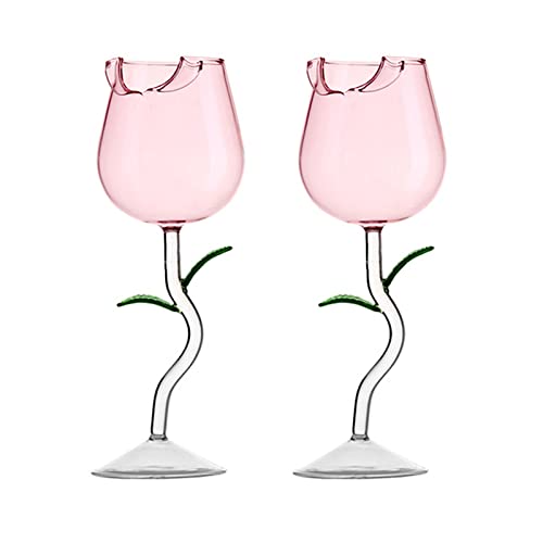 JYCRA 2 Stück Rosenförmige Cocktailbecher, kreative Rotweingläser in Blumenform, mit lebensechten Blättern für Hochzeit, Bar, Party, Rosa von JYCRA