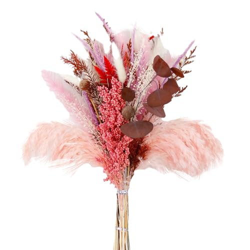 JYCRA Rosa Pampas Gras Bouquet Gemischter Trockenblumenstrauß Boho Trockenes Schilfgras Federn Blumenstrauß Getrocknetes Pampasgras Dekor für Tischdekoration(#1) von JYCRA