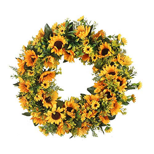 JYCRA Sonnenblumenkranz, künstliche Sonnenblumen, Grünkranz, Sommer, Herbst, Feiern, handgefertigter Türkranz für Zuhause, Garten, Hochzeit, Party, Dekoration (Durchmesser 40 cm) von JYCRA