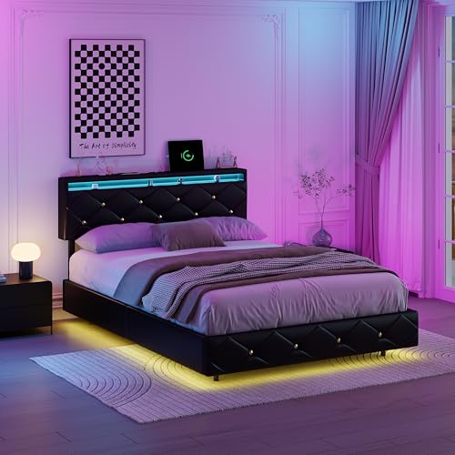 Polsterbett 140x200 cm hydraulisch schwebendes Bettgestell mit Stauraum Doppelbett mit verstellbarem Kopfteil Multifunktions Polsterbett mit USB-Anschluss und LED Beleuchtung (Schwarz) von JYCRA
