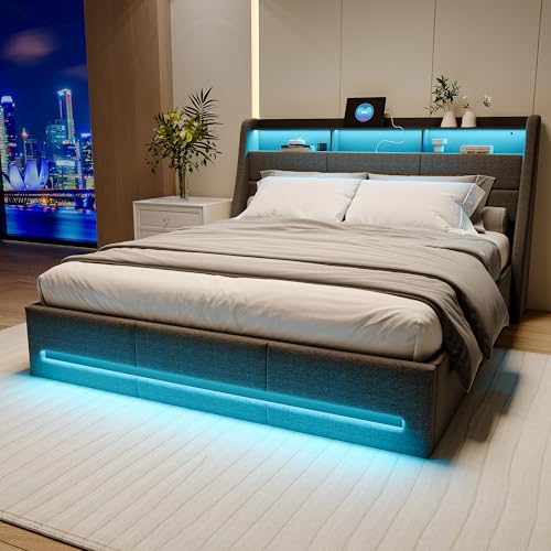 Polsterbett mit LED Bett 160 x 200 cm Ablagefach für Nachttisch, Doppelbett Polsterbett mit Lattenrost aus Holz, Hydraulisches Staubett für Erwachsene oder Jugendliche(Grau) von JYCRA