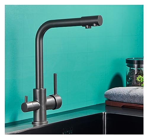 JYMALISA Küchenarmatur aus mattschwarzem Messing mit reinem Wasser, Doppelgriff, heißes und kaltes Trinkwasser, 3-Wege-Filter, gereinigte Küchenmischbatterien (Schwarzgrau) von JYMALISA