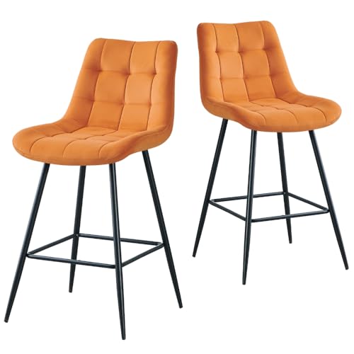 JYMTOM Samt Barhocker 2er Set, Barstühle mit gepolsterten Rückenlehnen und Fußstütze aus Metall, Retro Design Bistrohocker für Bar, Küche, Theke und Bistro(2, Orange) von JYMTOM