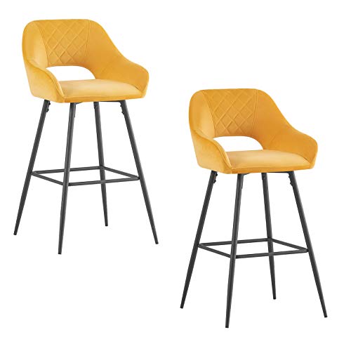JYMTOM 2er Set Samt Barhocker Grauer Hocker mit Armlehne Metallbeine Modern Design hohe Hocker für Esszimmer Bar Cafè und Counter (Samt, Gelb) von JYMTOM