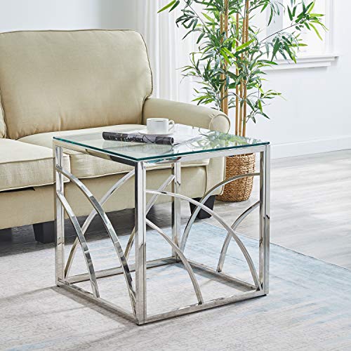 JYMTOM Beistelltisch Glas Couchtisch Sofatisch Edelstahl Kaffeetisch Schreibtischmöbel Hellgrauer Teetisch aus gehärtetem Glas für Wohnzimmer Schlafzimmer (Silber) von JYMTOM