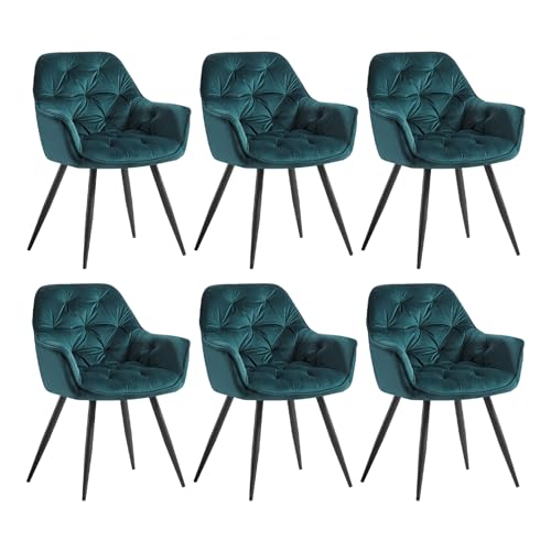 JYMTOM 6er-Set Esszimmerstühle mit dickem Samtstoff gepolsterter Sitz, Metallbeinen, Armlehnen und Rückenlehne Eckstuhl für Lounge Wohnzimmer (6, Blaugrün) von JYMTOM