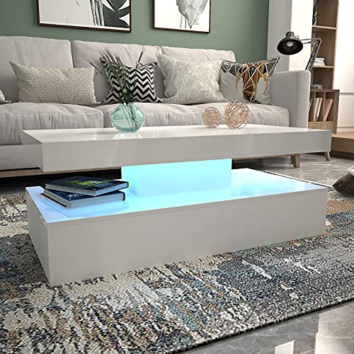 JYMTOM LED-Couchtisch in Weiß mit Hochglanzoptik für Wohnzimmer, moderner rechteckiger Beistelltisch mit 16 Farben RGB-LED-Licht für Home-Office-Möbel, 100 * 50 * 39 cm von JYMTOM