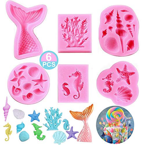 Meerestiere Fondant Formen 3D 6 Stück Ozean Silikon Backform Diy Silikon Seifenform Meerjungfrau Schwanz Silikonform Seestern Seepferdchen Muschel (Fischschwanz- 6 Stück) von JYNLJKBF