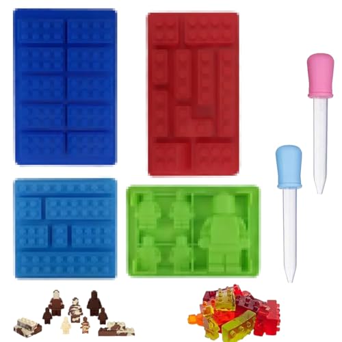4pcs Bausteine, Roboter,Silikon Form， Mit 2 Farbigen Mess-Tropfern - Wiederverwendbare Antihaft Backformen für Schokolade, DIY Süßigkeiten, Eiswürfel - Lebensmittelecht von JYNVO