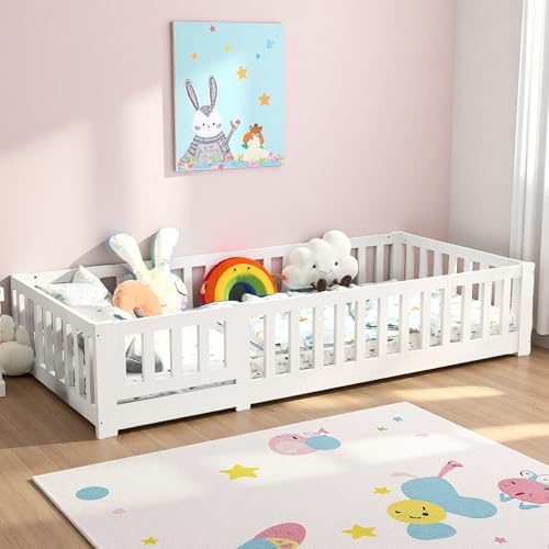 90x200 cm Bodenbett, Kinderbett mit Lattenrost, Bettrahmen aus Kiefernholzlatten, Montessori-Bett, Mit Absturzsicherungsfunktion, Geeignet für Jungen und Mädchen, weiß 90x200 cm Bodenbett, Kinderbett mit Lattenrost, Bettrahmen aus Kiefernholzlatten, Montessori-Bett, Mit Absturzsicherungsfunktion, Geeignet für Jungen und Mädchen, weiß von JYNVO