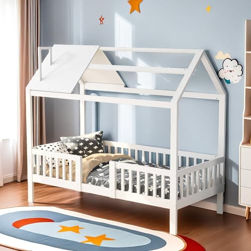 90x200 cm Kinderbett, Massivholzrahmen Bett mit Sicherheitsgeländer, Pinewood Hausbett, Weiß, Kinderbett mit Stauraum, Geeignet für Jungen und Mädchen, Lattenrost 90x200 cm Kinderbett, Massivholzrahmen Bett mit Sicherheitsgeländer, Pinewood Hausbett, Weiß, Kinderbett mit Stauraum, Geeignet für Jungen und Mädchen, Lattenrost von JYNVO