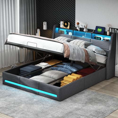 JYNVO 140x190 cm Doppelbett mit Beleuchtung und USB-Anschluss, Stauraumbett mit hydraulischem Lift, Polsterbett mit RGB-Lichtleisten am Kopf- und Fußende, Leinen-Jugendbett, grau (140x190cm) von JYNVO