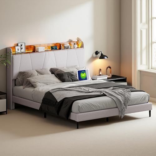 JYNVO 160 x 200 cm Polsterbett mit Lichtleiste, Doppelbett mit 2 USB-Anschlüssen und 1 C-Anschluss, Modernes Schlafzimmerbett aus Leinen, Lattenrost, Jugendbett, ohne Matratze (160x200cm) von JYNVO