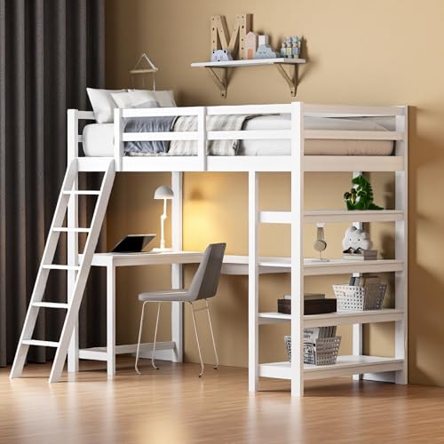 JYNVO 90 x 200 cm Kinderhochbett, Hochbett mit Schreibtisch und Stauraum, Hochbett mit 4 Regalen und Absturzsicherung, Treppenbet, Kiefernbett, Weiß, Geeignet für Kinderzimmer JYNVO 90 x 200 cm Kinderhochbett, Hochbett mit Schreibtisch und Stauraum, Hochbett mit 4 Regalen und Absturzsicherung, Treppenbet, Kiefernbett, Weiß, Geeignet für Kinderzimmer von JYNVO