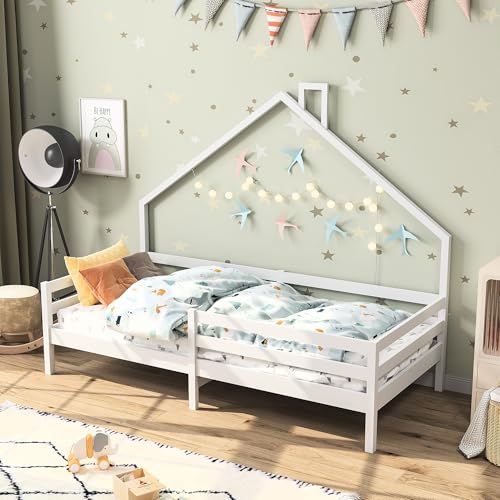 JYNVO 90x200 cm Hausbett, Skandinavisches Design modernes Bett, Weißes Hausbett, Kinderbett mit Rausfallschutz und Lattenrost, Kiefernbett, Geeignet für Kinderzimmer JYNVO 90x200 cm Hausbett, Skandinavisches Design modernes Bett, Weißes Hausbett, Kinderbett mit Rausfallschutz und Lattenrost, Kiefernbett, Geeignet für Kinderzimmer von JYNVO