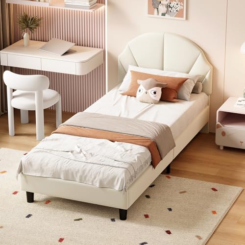 JYNVO 90x200 cm Mädchenbett, Kinderbett mit höhenverstellbarem Kopfteil, Einzelbett mit Lattenrost, Gepolstertes Mädchen-Einzelbett, Jugendbett, Samt, Beige, Ohne Matratze (Beige) von JYNVO