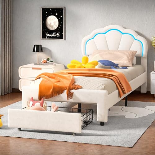 JYNVO 90x200cm Kinderbett mit Blütenkopfteil, Mädchenbett mit LED-Beleuchtung und höhenverstellbarem Kopfteil, Polsterbett mit Zwei Schubladen, Weißes Samt-Kinderbett, Lattenrost (90x200cm) von JYNVO
