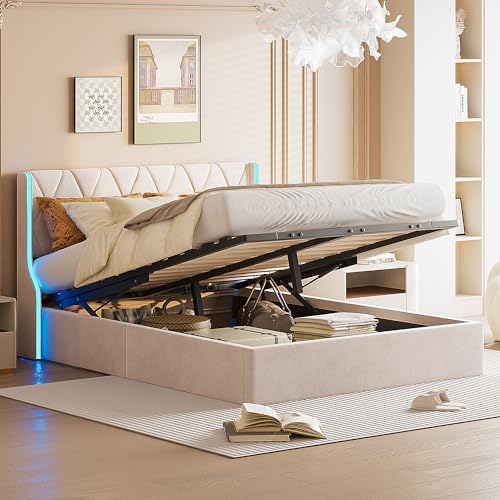 JYNVO Beige Polsterbett 140x200 cm mit integrierter LED-Beleuchtung und Hydraulisch Stauraum, Modernes Schlafzimmer Doppelbett, Lattenrost-Stauraumbett, Geeignet für Paare oder Singles (140x200cm) von JYNVO